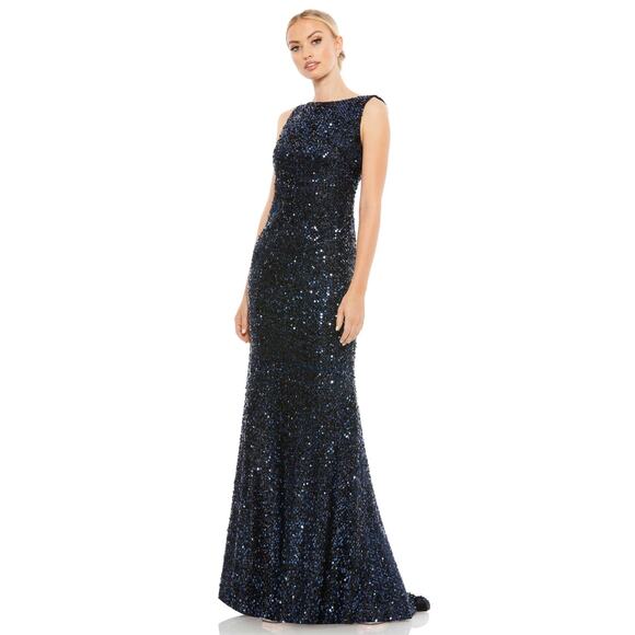 Mac Duggal 26331 Midnight Blue Cowl Back Boat Neck Sequined Gown Dress 2 - Picture 4 of 7